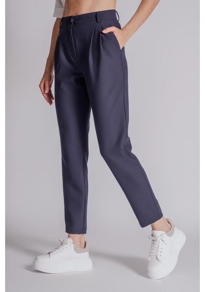 Braccas Kadın Yandan Cepli Arka Cep Fleto Beli Lastikli Ve Pilili Slim Fit Pantolon Lacivert Lacivert