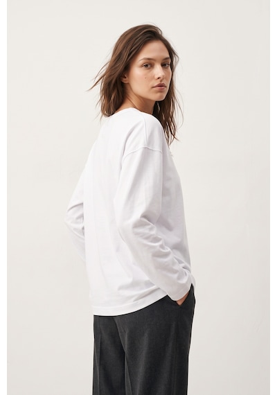 Elemge %100 Pamuk Süprem Oversize Kadın Uzun Kollu T-shirt Compact Penye Tok Yumuşak Kumaş Bol Kesim Nefes Alan Terletmez Yapı Basic Beyaz Tişört