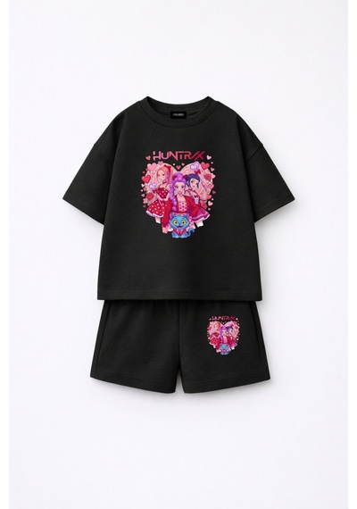 Fasardi Kpop Demon Hunters Huntrix Zoey Rumi Mira Baskılı Oversize %100 Pamuk Tişört Şort Çocuk Takım Siyah