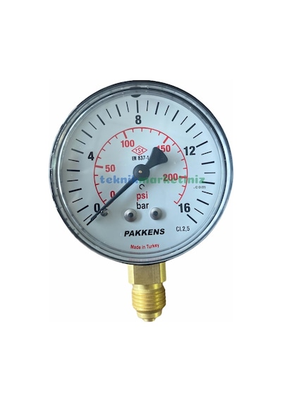 63 MM 0-16 Bar G1/4''inç Alttan Çıkışlı Kurutip Manometre Pakkens