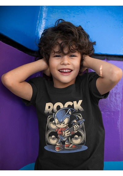 Sevbano Tasarım Sonic Rock Baskılı Unisex Çizgi Film Çocuk Tişört 1-12 Y SIYAH