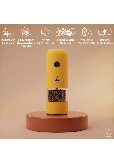 Pizen Windmill Usb Şarjlı Otomatik Baharat Öğütücü Led Işıklı Ayarlanabilir Tuz Karabiber Değirmeni Sarı