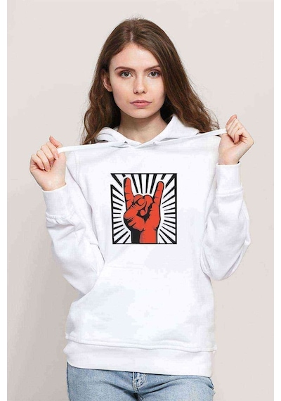Rock'N Roll El Işareti Baskılı Beyaz Kadın Kapşonlu Sweatshirt