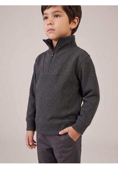 Zekids Çocuk Selanik Kumaş Yarım Fermuarlı Sweatshirt-17508 Füme