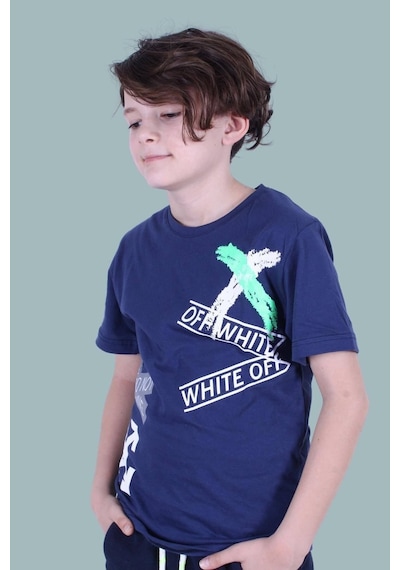 Panios Kids X Baskılı Sıfır Yaka Erkek Çocuk Indigo T-shirt İndigo
