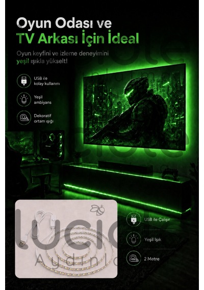 2 Metre 5v Usb Yeşil Şerit Led Anahtarlı Tv Arkası Gaming Masa Raf Powerbank Dekoratif Led
