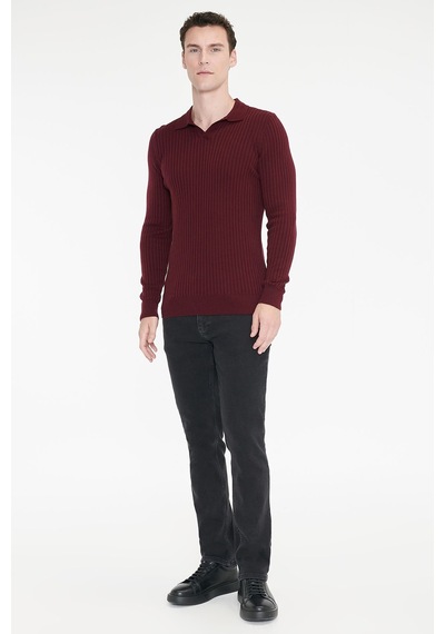 Ac&Co / Altınyıldız Classics Erkek Bordo Standart Fit Normal Kesim Polo Yaka Jakarlı Triko Kazak