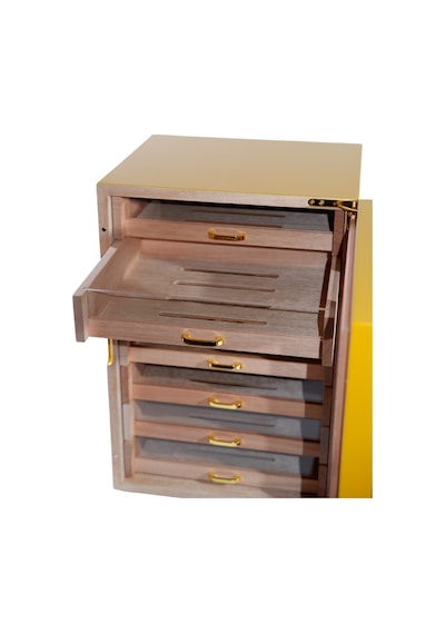 Cohiba Sarı-gri Nokta Desenli 7 Çekmeceli Sedir Humidor Puro Kutusu