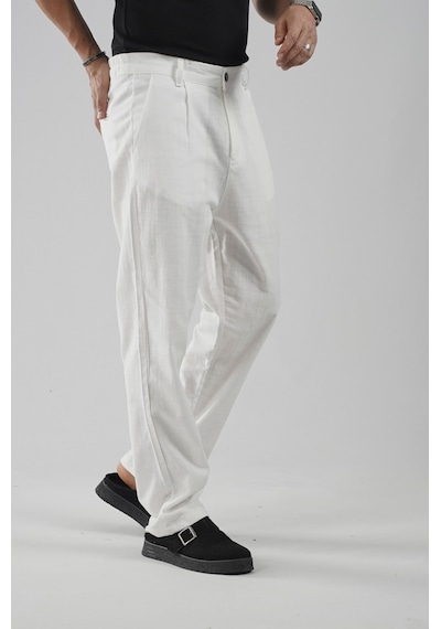 Baggy Fit Kalıp Pamuklu Keten Pantolon Beyaz