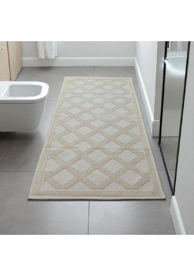 Pamuklu Kaymaz Taban Dikdörtgen Banyo Paspası 80x150 Cm, Pamuk Dokuma Banyo Halısı Krem