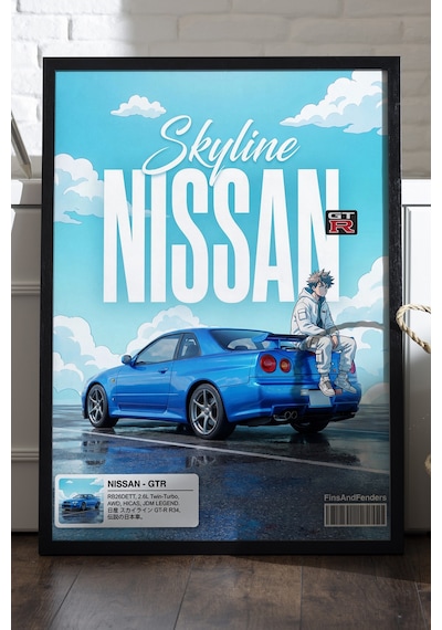 Skyline Nissan Siyah Ahşap Çerçeveli Poster, Dekoratif Araba Duvar Tablosu