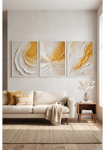 Beyaz Ahşap Çerçeveli Soyut Altın Dokulu Modern Duvar Tablosu 3 Lü Set Beyaz