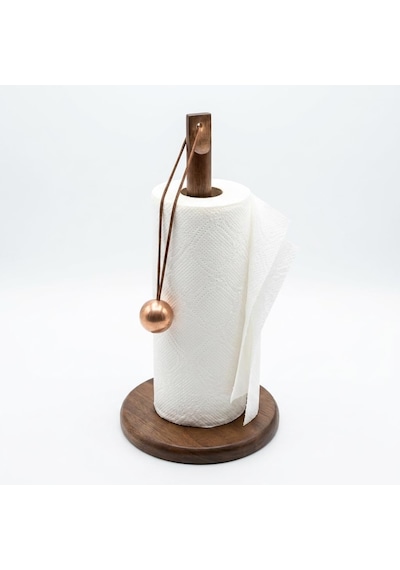 Doğal Bambu Bohem Top Tutacaklı Kağıt Havluluk - Dekoratif Ahşap Stand 30x14 Cm, Kahve Ve Bamb