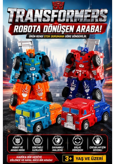 Robota Dönüşen Sürtmeli Oyuncak Araba Robot Kamyon 3+ Yaş Çok Renkli