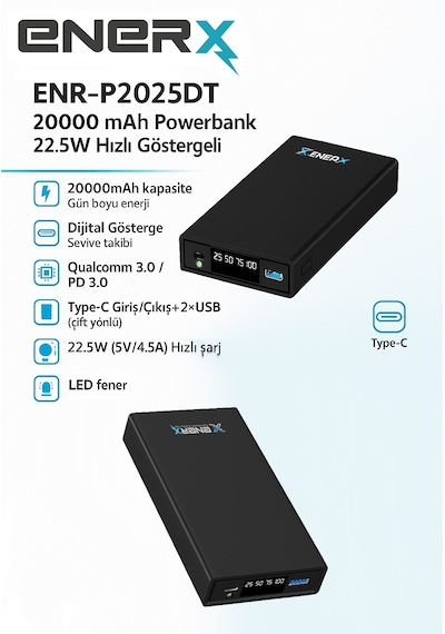Enerx ENR-P2025DT 20.000 Mah 22.5 Watt Led Göstergeli  Powerbank