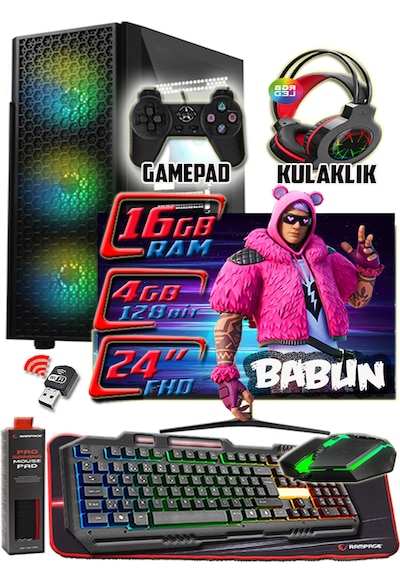 Warbox Babun i3-7100 16 GB 256 GB SSD250 GB HDD 4 GB R7 240 24" W10P Masaüstü Oyuncu Bilgisayarı
