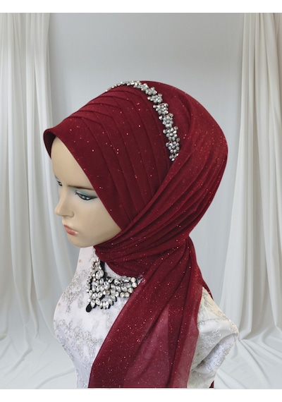 Aksesuarlı Bordo Tektek Model Hazır Duvak Hazır Şal Hazır Türban