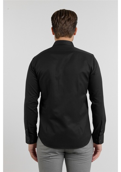 İmza Siyah Kendinden Desenli Sert Yaka Uzun Kol Cepsiz Slim Fit Pamuklu Gömlek 1004255283