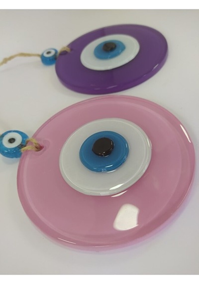 Ikili Set Opak Toz Pembe Ve Mor Nazar Boncuğu 10 Cm El Yapımı Cam