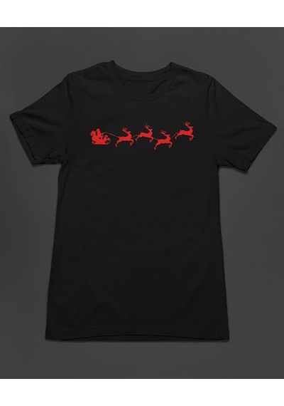 Bumeta Yılbaşı Santa Claus Geyik Silüet Noel Baba Baskılı Unisex Tişört T-shirt Siyah