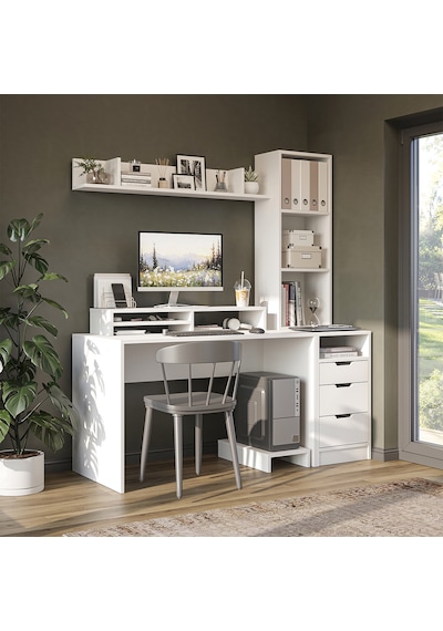 Mode Kitaplıklı Ve Raflı Çalışma Masası , Çalışma Ofis Masası , Bilgisayar Masası, Çekmeceli Çalışma Masası Mat Beyaz