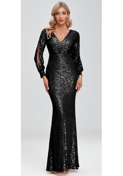 Hanife Glam Couture Hanife Glam Uzun Kollu Kruvaze Yaka Pullu Abiye Elbise Siyah