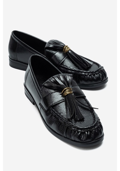 Luvi Shoes Marston Siyah Kırışık Rugan Püsküllü Kadın Loafer Ayakkabı