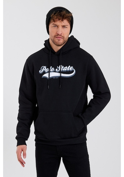 Polostate Erkek 3 İplik Pamuklu İçi Polarlı Baskılı Regular Fit Kapüşonlu Kanguru Cepli Siyah Sweatshirt Siyah