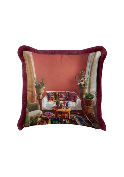 Etnik Otantik Şark Köşesi Saçaklı Yastık Kılıfı - Kiremit Bordo Püsküllü Kırlent Kılıfı - 40x40 Cm Uzak Düş Halo