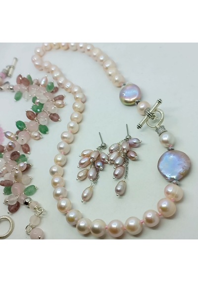2781 Doğal Pembe İnci Zirkon El Yapımı Düğümlü Kolye 271 - Pembe İnci