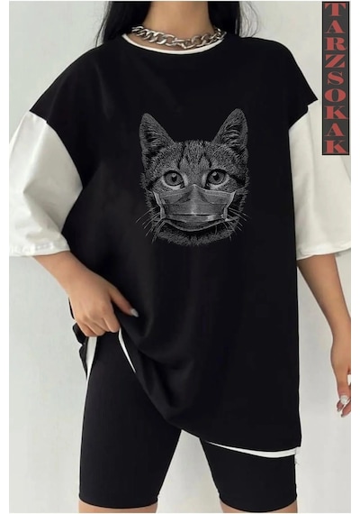 Siyah Oversize Çift Renk Cat Baskılı Unisex Tshirt Beyaz