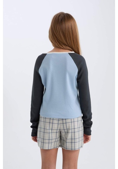 DeFacto Kız Çocuk Slim Fit Dar Kesim V Yaka Baskılı Fitilli Kaşkorse Uzun Kollu Tişört D6991A824WNBE734 Mavi