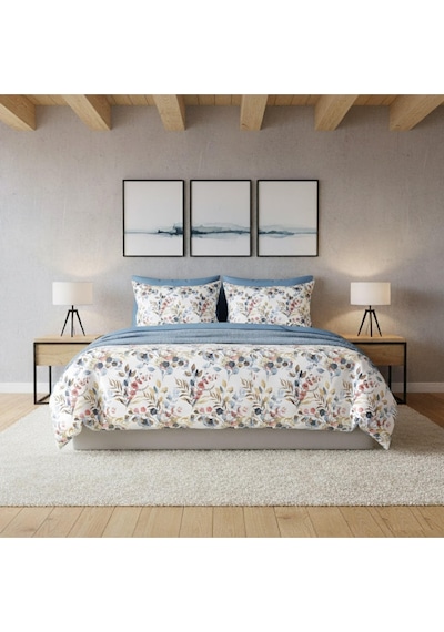 Mystory Home Lastikli Çarşaflı Çift Kişilik Nevresim Takımı Okaliptus Mavi Çok Renkli