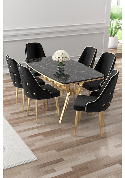 Canisa Asel Serisi 90x160 Lak Panel Siyah Mermer Desen Gold Detay Masa Takımı Ve 6 Siyah Sandalye Masa Siyah Mermer Sandalye Siyah Gold Detay Canisa Asel Serisi 90x160 Lak Panel Siyah Mermer Desen Gold Detay Masa Takımı Ve 6 Siyah Sandalye Masa Siyah Mermer Sandalye Siyah Gold Detay