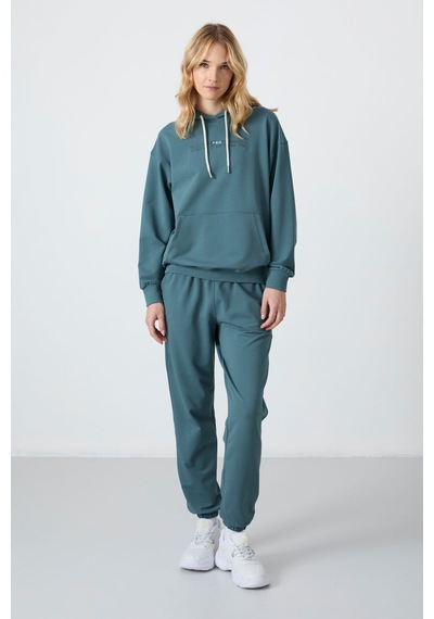 Tommy Life Orman Yeşili Kapüşonlu Kanguru Cep Oversize Lastik Paça Kadın Eşofman Takımı - 95288 Yeşil