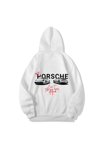 Brz Collection Unisex Oversize Porsche Can't Take My Eyes Off You Hoodie Beyaz