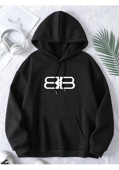 Startmore Siyah Unisex Erkek/kadın Bb Renkli Özel Baskılı Oversize Kapüşonlu
