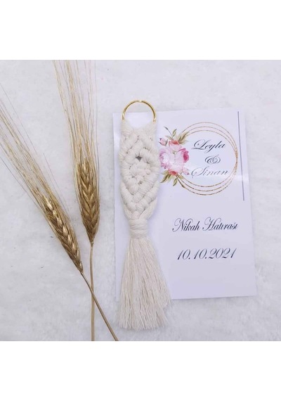 Krem Makrome Anahtarlık - Altında Kağıtlı Nikah Ş(20 Adet)