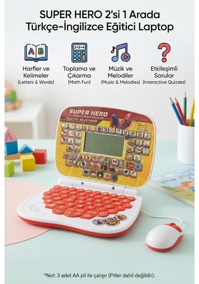 Super Hero 100 Fonksiyonlu 2'si 1 Arada Türkçe İngilizce Eğitici Bilgisayarım Ve Mouse