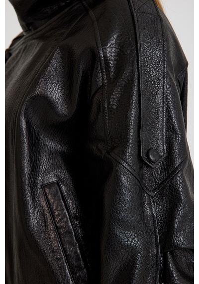 Oversize Bayan Deri Ceket Kısa Vb-22-bk-2847-24114 Siyah