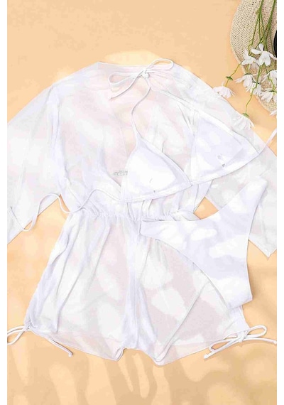 Angelsin Şifon Pareo Plaj Elbesi Cover Up Kimono Beyaz 001