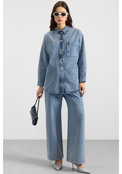 Olcay Taş Bezeli Ceket Pantolon Denim İkili Takım Açık Mavi 9387-tk