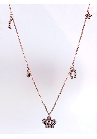 Gümüş Opal Taşlı Gold Taç Tasarım Kadın Kolye