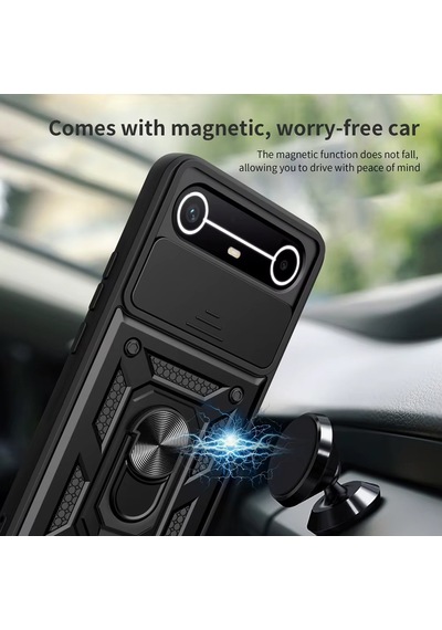 Caseonn Tecno Spark Slim 5g Kılıf Sürgülü Kamera Korumalı Yüzüklü Mıknatıslı Tank Kapak Siyah
