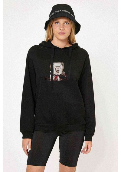 Lady Gaga Poker Face Baskılı Siyah Kadın Kapşonlu Sweashirt