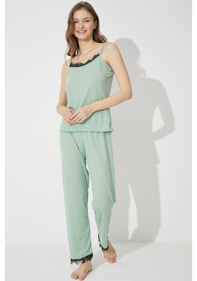 Siyah İnci Soft Touch Ince Örme Pijama Takım 7628 Yeşil