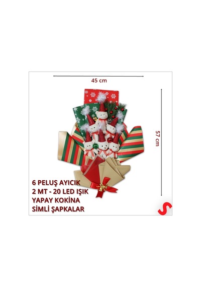 6 Pelüş Ayıcıklı Ve Led Işıklı Yılbaşı Buketi, 57cm X 45cm