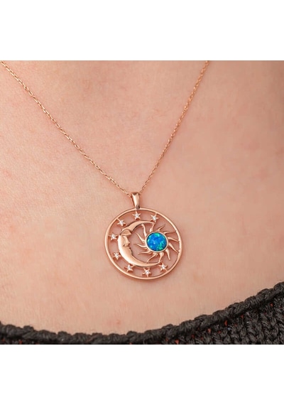 Gümüş Rose Opal Mavi Taşlı Ay Güneş Kadın Kolye Gümüş - Rose Gold
