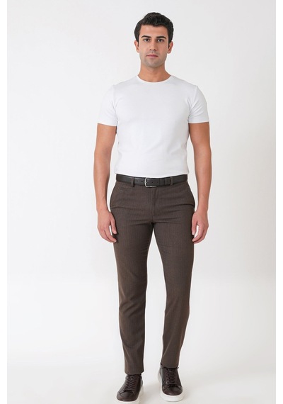 Slim Fit Yan Cepli Esnek Yünlü Kahverengi Çizgili Pantolon P 1236