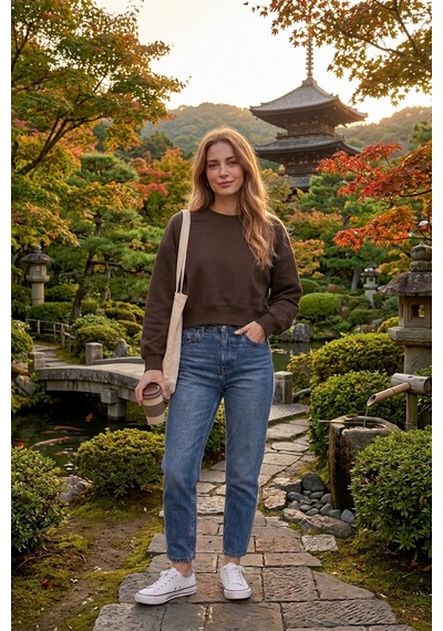 Luxıc Core Kadın Crop Bisiklet Yaka Sweatshirt Pamuklu Yumuşak Dokulu Günlük Spor Sweatshirt Kahverengi